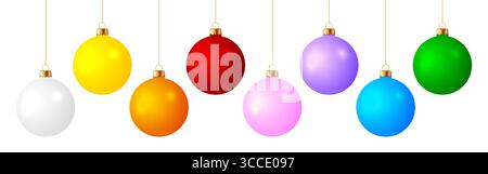 Bunte Weihnachtskugel auf isoliertem Hintergrund, realistische hängende Kugeln Sammlung, Weihnachtsschmuck, Dekorationen für Weihnachtskarte, Banner, Stock Vektor