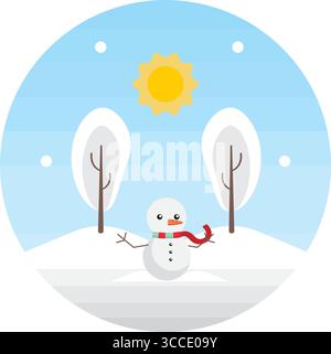 Niedlicher Schneemann mit Schal unter sonnigem Himmel zwischen schneebedeckten Bäumen. Vektorabbildung. Stock Vektor
