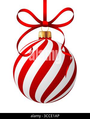 Weihnachtskugel hängt mit Schleife und Band auf isoliertem Hintergrund, rote Weihnachtskugel mit weißem Muster, realistische Vektorkugel, dreidimensional Stock Vektor