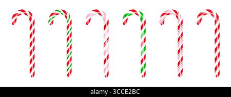 Weihnachtszuckerstock auf isoliertem Hintergrund, rot, rosa und grün realistische Weihnachtsstock-Ikonensammlung, 3D-Weihnachtsdekoration Stock Vektor