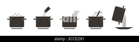 Anweisungen zum Prozess der Pasta-Zubereitung. Schritt-für-Schritt-Anleitung zum Kochen von Spaghetti. Pasta-Kochanleitung. Symbole für Nudelrezepte. Stock Vektor