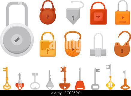 Schlüssel und Vorhängeschlösser. Vorhängeschloss in Zeichentrick-Optik, Schlösser aus silbergoldener Bronze. Symbole des Schutzes, der Versicherung, der Sicherheit mit verschiedenen Schlüsseln, des neoterischen Vektors Stock Vektor