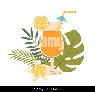 Kokos- oder Saftglas mit tropischen Blättern Vektor-Illustration. Cartoon Sommer gesundes kaltes Getränk auf weißem Hintergrund. Veganes Menü Stock Vektor