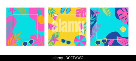 Set aus Sommer-Verkaufshintergrund mit quadratischem Rahmen. Abstrakte Formen, tropische Blätter Früchte und Getränk, Sonnenbrille, Eis Vektor Illustration. Online Stock Vektor