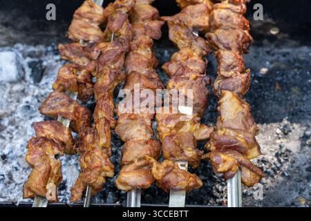 Spieße mit gegrilltem Fleisch über heißer Holzkohle. Stockfoto