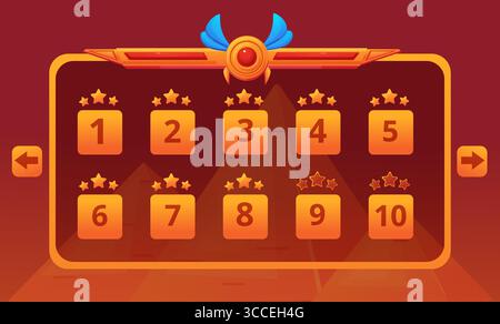Wähle den Level-Bildschirm im Online-Spiel. Banner mit Niveauschildern, offen und geschlossen. Ägyptische Abenteuer spielen ui ux-Elemente mit pyramiden, dem heutigen Vektor Stock Vektor