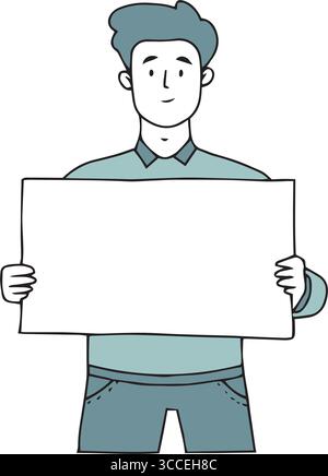Lächelnder, glücklicher junger Mann mit leerem Poster und Banner. Leeres Schild, Plakat für Werbung. Vektorillustration isoliert auf weißem Hintergrund Stock Vektor