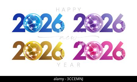 Set mit Symbolen für das neue Jahr 2026 mit niedlichem, glänzendem Ball. Blaue, lila, goldene und violette Farben. Digitaler Stil. Isolierte 3D-Konstruktion. Herzlichen Glückwunsch zum neuen Jahr. Stock Vektor