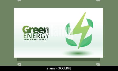 Umweltfreundliche Energie nachhaltiges Energiekonzept. Energiesymbol und grünes Blatt. Moderne, saubere Bildschirmgrößenvorlage für Web- oder Präsentationsvektorillustraten Stock Vektor
