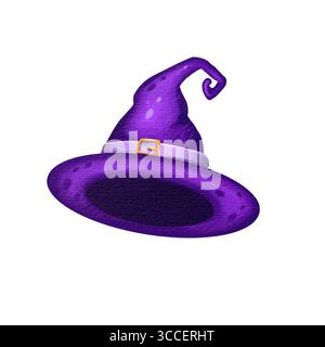 Der lila Hexenhut mit Schnalle. Aquarellillustration für Halloween. Geeignet für Urlaubsdekoration, Scrapbooking, Karten Stockfoto