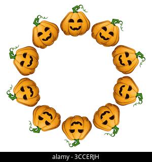 Runder Rahmen für Halloween. Lustiger oranger Kürbis mit einem ausgeschnittenen Gesicht. Die Illustration ist handgezeichnet im Aquarellstil. Geeignet für Urlaubsdekoration, Stockfoto