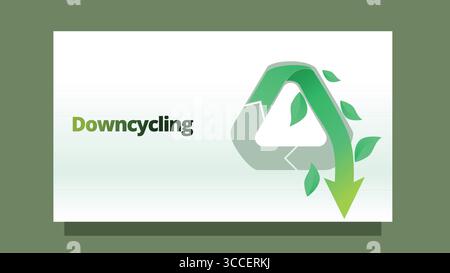 Down-Cycling-Konzept. Recycling-Symbol mit Pfeil nach unten und Blättern. Moderne, klare Bildschirmgrößenvorlage für Web- oder Präsentationsvektorillustration Stock Vektor