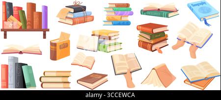 Zeichentrickbücher stapeln. Buchstapel lesen, Schulbildung Studium öffnen Lehrbuch Papier Notizbuch Buchhandlung oder Home Library Literatur Bücherregal lesen Storybook, ordentliche Vektor Illustration Original Kunstwerk Stock Vektor