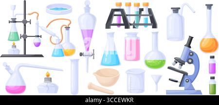 Comic-Chemie-Werkzeuge. Labor wissenschaftliche Testgeräte, chemische Becher medizinische Flaschen Wissenschaft Experiment Messen Glasgefäß Fläschchen flüssige Röhre, Set ordentliche Vektor Illustration Original Kunstwerk Stock Vektor