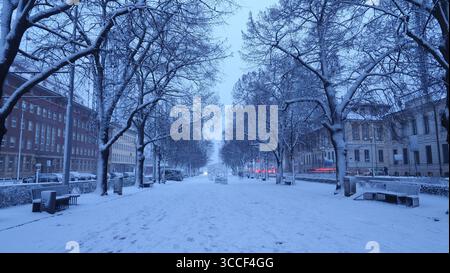 Verschneite Winterszene auf der Blumengasse in Stettin, Polen Stockfoto