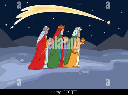 Die Reise der drei Weisen findet in einer glitzernden Nacht statt, die die Magie verstärkt Stock Vektor