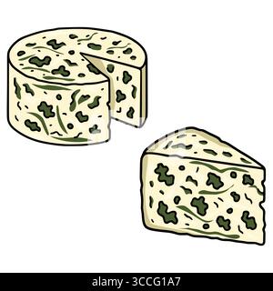 Vektor-Illustration eines Roquefort-Käses mit grüner Form, dargestellt als ganze Runde und separatem Keil, zeigt einen handgezeichneten Stil mit kräftigem Out Stock Vektor