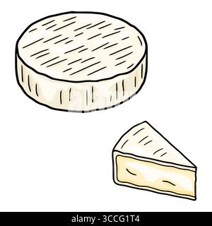Handgezeichnete Vektor-Illustration eines Brie-Käserads und einer Scheibe, die ein cremiges Inneres und eine detaillierte Rinde-Textur zeigt. Stock Vektor