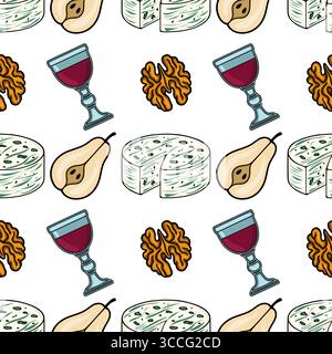 Nahtloses Vektormuster mit handgezeichneten Illustrationen von Dorblue-Käse, Birnen, Walnüssen und Gläsern Rotwein, wodurch ein raffiniertes und ap entsteht Stock Vektor