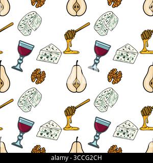 Nahtloses Vektormuster mit handgezeichneten Illustrationen von Gorgonzola-Käse, Birnen, Walnüssen, Honig und einem Glas Rotwein, was eine Raffinesse schafft Stock Vektor