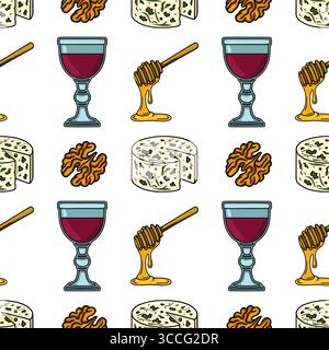 Nahtloses Vektormuster mit einem entzückenden Arrangement aus Blauschimmelkäse, Walnüssen, Honigdipper und Gläsern Rotwein, das eine optisch ansprechende Note schafft Stock Vektor