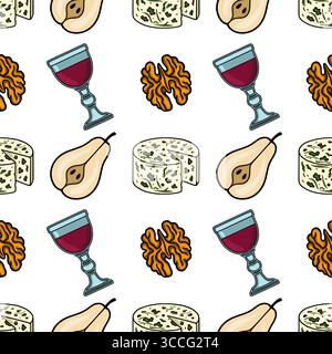 Nahtloses Vektormuster mit handgezeichneten Illustrationen von Gorgonzola-Käse, Birnen, Walnüssen und Gläsern Rotwein, wodurch ein raffiniertes und Stock Vektor