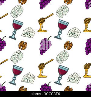 Nahtloses Vektormuster mit handgezeichneten Illustrationen von Gorgonzola-Käse, Rotwein, Honig, Walnüssen und Trauben, ein köstliches kulinarisches Erlebnis Stock Vektor