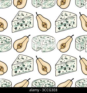 Nahtloses Vektormuster aus handgezeichneten Blaukäsekeilen und Birnenhälften, mit einem einzigartigen Stil mit grünen Adern und beigen Birnen gegen ein weiß Stock Vektor