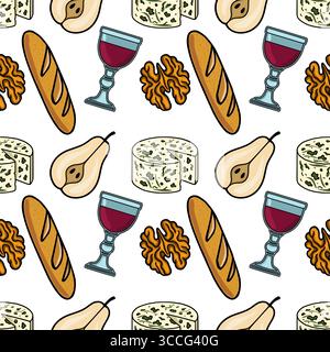 Nahtloses Vektormuster mit handgezeichneten Illustrationen von Gourmet-Käse, Baguette, Birne, Walnüssen und einem Glas Rotwein, was eine Raffinesse schafft Stock Vektor
