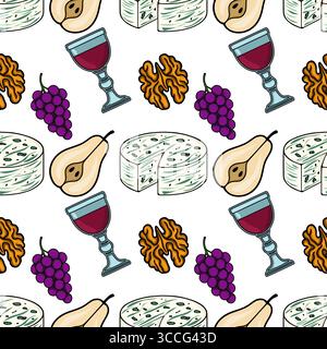 Nahtloses Vektormuster mit handgezeichneten Illustrationen von Gorgonzola-Käse, Birnen, Trauben, Walnüssen und Gläsern Rotwein, die eine raffinierte Atmosphäre schaffen Stock Vektor