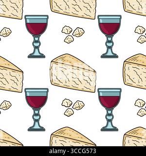 Nahtloses Vektormuster mit handgezeichneten Illustrationen von Parmesankäse, zerbröckelten Käsestücken und Gläsern Rotwein, wodurch ein Rost entsteht Stock Vektor