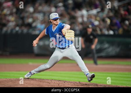 19. August 2023: Der Oklahoma City Pitcher Shelby Miller (16) wirft während des Spiels mit den Oklahoma City Dodgers und Salt Lake Bees einen Platz im Smiths Field in Salt Lake UT. David Seelig/Cal Sport Medi (Bild: © David Seelig / Cal Sport Media/CSM via ZUMA Press Wire) Stockfoto