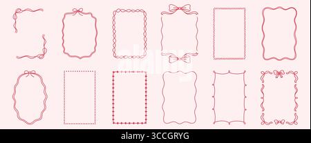 Kritzeln Sie handgezeichnete Rahmen mit welligen Linien, Schleifen und Bändern. Minimalistische, einfache Strichkunst. Trendige Vintage-skurrile Grenzen für Hochzeitseinladungen, birt Stock Vektor