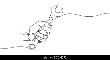 Durchgehende einzeilige Zeichnung des Handschlüssels. Abbildung einer einzeiligen Zeichnung: Hält einen Schraubenschlüssel. Werkzeuge für Autoreparaturkonzepte Vektorkunst. Doodl Stock Vektor