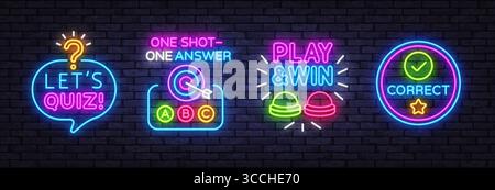 Leuchtende Textsymbole mit fesselnden Slogans: „Lets Quiz“, „One Shot One answer“, „Play Win“, „Correct“. Farbenfrohe beleuchtete Konzepte für Trivia, Challenge oder Stock Vektor