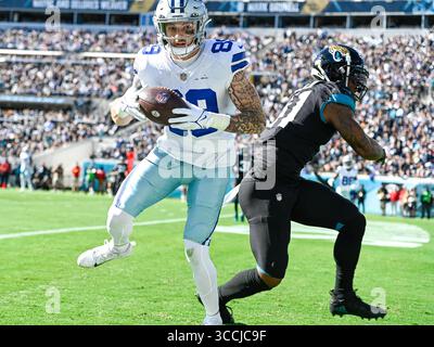18. Dezember 2022: Dallas Cowboys Tight End Peyton Hendershot (89) macht während eines Spiels gegen die Jacksonville Jaguars in Jacksonville (FL) einen Touchdown-Fang. Romeo T Guzman/CSM. (Foto: © Romeo Guzman/CSM via ZUMA Press Wire) Stockfoto