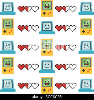 Pixel Hearts Gaming Pattern. Vektor Stock Vektor