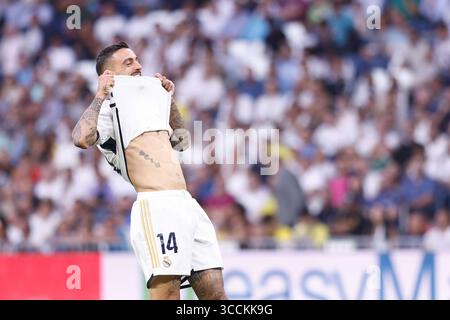 27. September 2023, MADRID, SPANIEN: Joselu Mato von Real Madrid beklagt sich während der spanischen Liga, LaLiga EA Sports, des Fußballspiels zwischen Real Madrid und UD Las Palmas im Santiago Bernabeu Stadion am 27. September 2023 in Madrid. (Kreditbild: © Oscar J. Barroso/AFP7 via ZUMA Press Wire) Stockfoto
