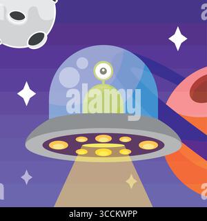 Alien-UFO in der Weltraumszene. Vektor Stock Vektor