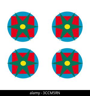 Vier Sternsymbole. Vektorformen festgelegt. Kreisförmiges geometrisches Design. Rot blau gelb grün. Stock Vektor