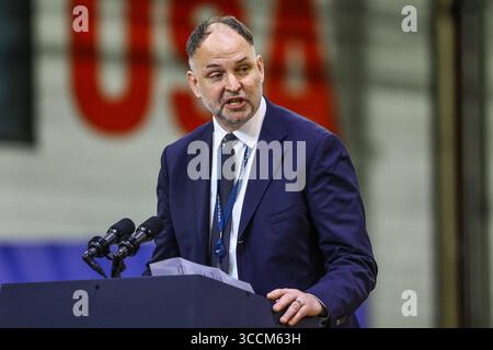 November 2023, Bear, Delaware, USA: Stephen Gardner, CEO, Amtrak macht Anmerkungen, bevor US-Präsident Joe Biden am Montag, 6. November 2023 in Amtrak Maintenance Facilities in Bear, Delaware (Kreditbild: © Saquan Stimpson/CNP via ZUMA Press Wire) Bemerkungen macht. Stockfoto
