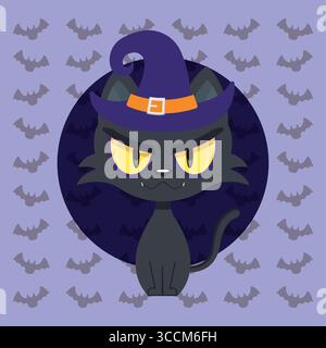 Schwarze Hexenkatze mit Hut. Vektor Stock Vektor