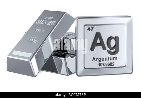Silberstäbe mit Periodenelement AG. 3D-Rendering isoliert auf weißem Hintergrund Stockfoto