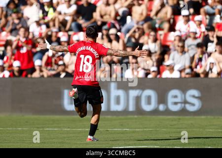 30. September 2023, MADRID, SPANIEN: Antonio Sanchez von RCD Mallorca feiert ein Tor während der spanischen Liga LaLiga EA Sports, Fußballspiel zwischen Rayo Vallecano und RCD Mallorca im Estadio de Vallecas am 30. September 2023 in Madrid. (Kreditbild: © Oscar J. Barroso/AFP7 via ZUMA Press Wire) Stockfoto