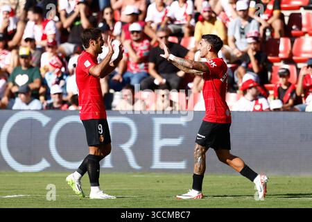 30. September 2023, MADRID, SPANIEN: Antonio Sanchez von RCD Mallorca feiert ein Tor während der spanischen Liga LaLiga EA Sports, Fußballspiel zwischen Rayo Vallecano und RCD Mallorca im Estadio de Vallecas am 30. September 2023 in Madrid. (Kreditbild: © Oscar J. Barroso/AFP7 via ZUMA Press Wire) Stockfoto