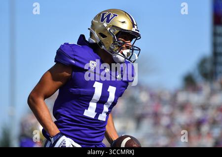 2. September 2023: Washington Huskies Wide Receiver Jalen McMillan (11), nachdem er während des NCAA-Fußballspiels zwischen den Boise State Broncos und Washington Huskies im Husky Stadium in Seattle, WA, einen Touchdown in der zweiten Hälfte erzielt hatte. Washington besiegte Boise State mit 56:19. Steve Faber/CSM (Foto: © Steve Faber/CSM via ZUMA Press Wire) Stockfoto