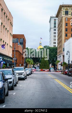 Savannah, GA, 28. Dezember 2023: Weihnachtsbaum auf der Bull Street in Savannah, Georgia, mit der Kuppel des Rathauses im Hintergrund Stockfoto