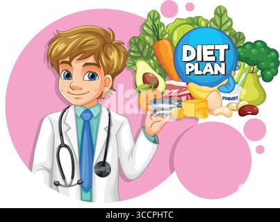 Vector illustration of a young male nutritionist holding healthy foods, surrounded by vegetables, fruits, and proteins, with bright colors and clean l Stock Vektor