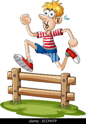 Ein verspielter Cartoon-Junge springt in einem bunten, skurrilen Stil energisch über einen Holzzaun Stock Vektor