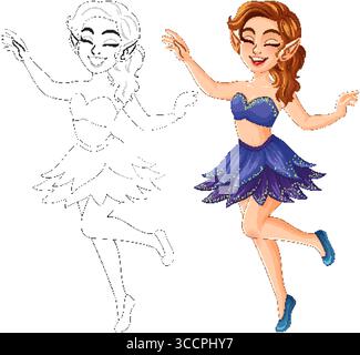 Farbenfrohe Vektor-Illustration einer fröhlichen Fee in einem lila Kleid, die verspielte Bewegungen und skurrilen Stil zeigt Stock Vektor